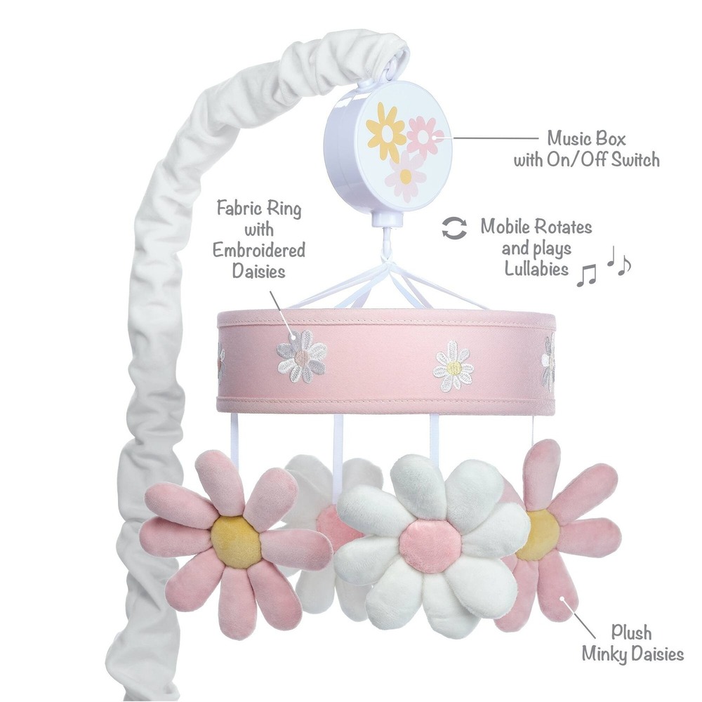 Lambs & Ivy Daisy Dreams Pink/White Musical Baby Crib Mobile Soother Toy